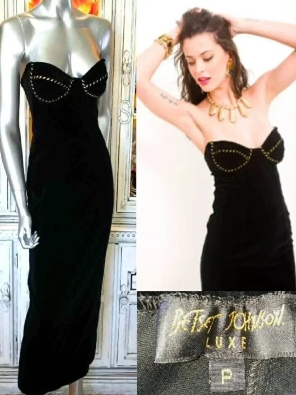 Vintage Betsey Johnson LUXE 90s RUNWAY SHOW Black Stretch Velvet Midi Slip Dress - Picture 2 of 16